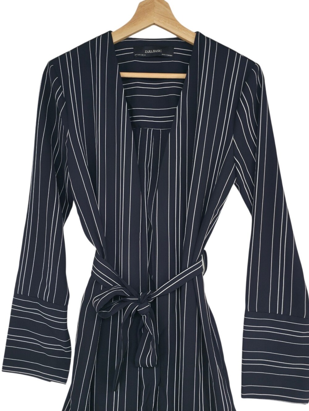 Zara Navy Stripe Duster Cardigan Side Slit Tie Waist Minimalist Coastal Small - Picture 3 of 15